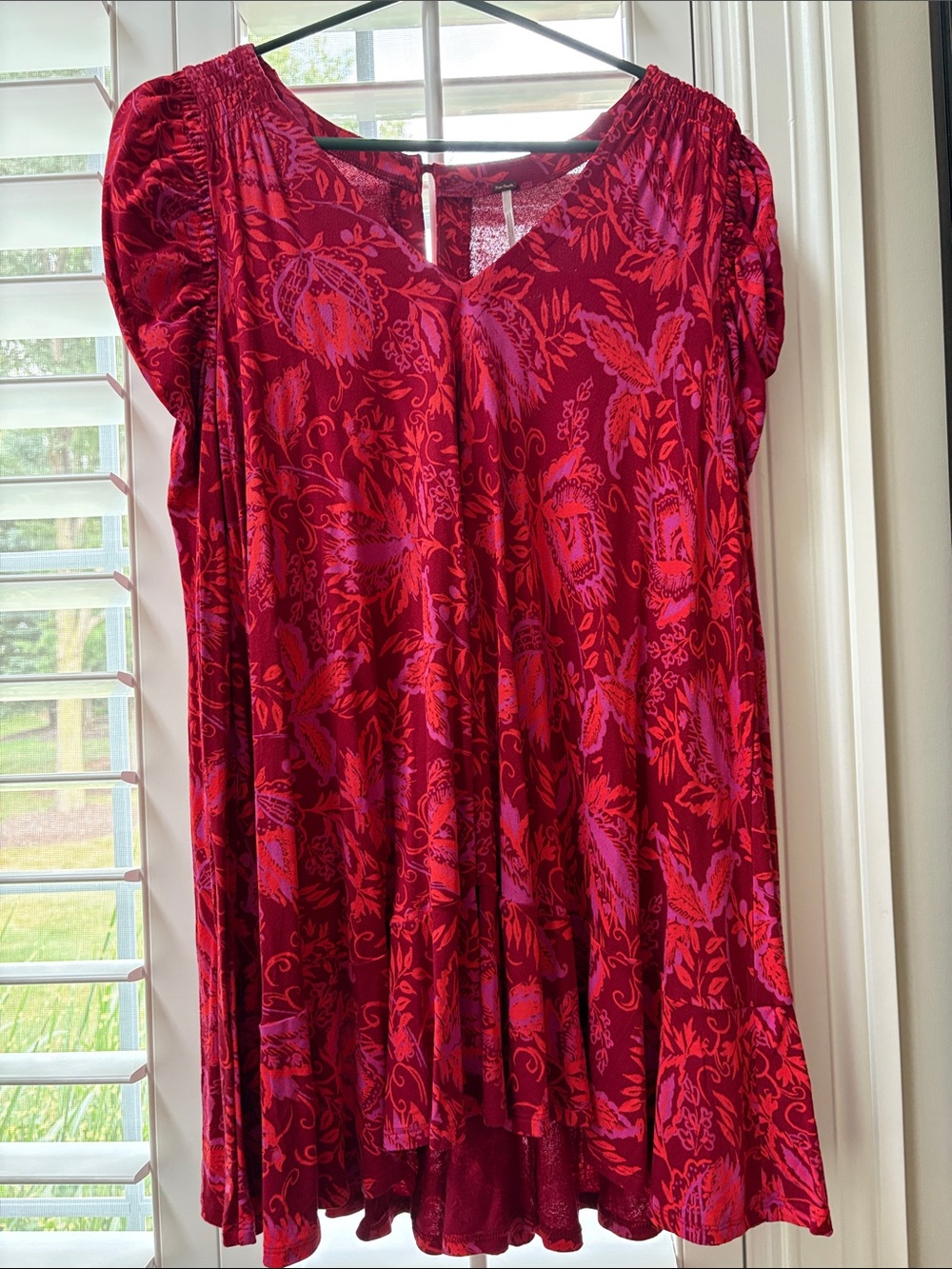 Free People Red and Pink Floral V-Neck Short Sleeve Tunic